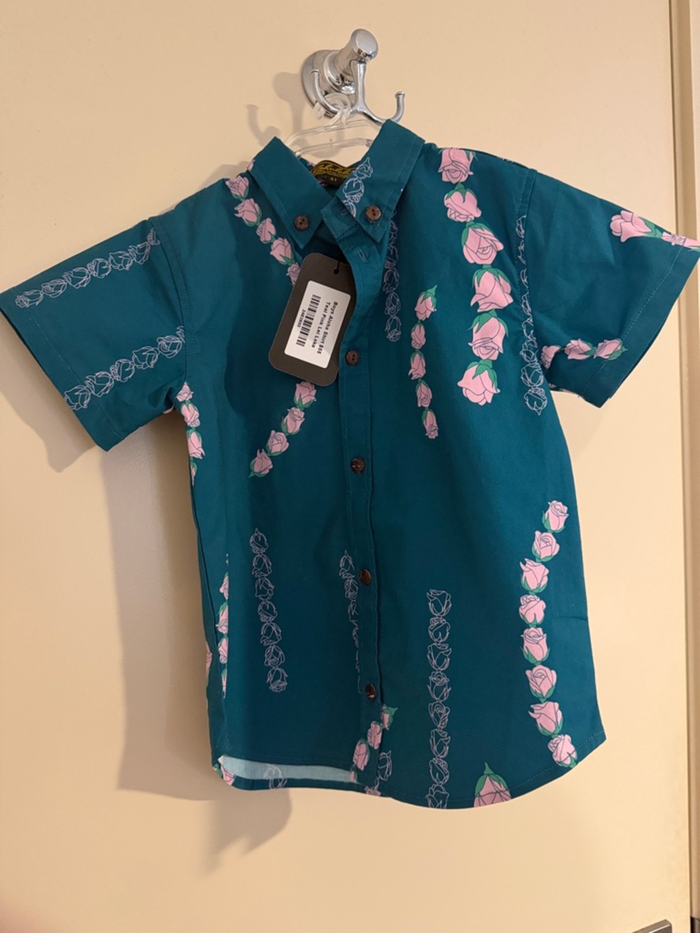 Kahulalea Teal Short-Sleeve Button-Down Shirt with Pink Rose Print